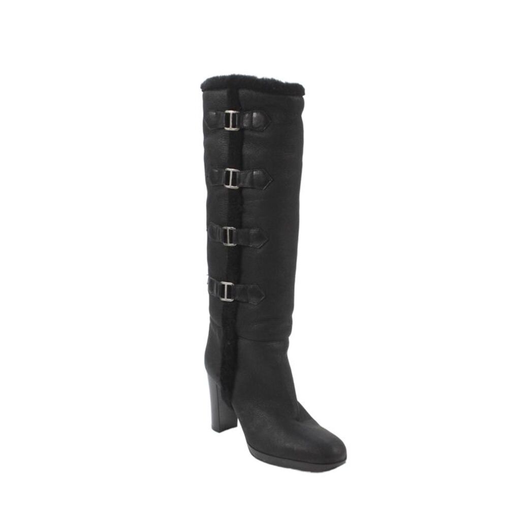 Sergio Rossi Womens Shearling Silver Tone Knee High Boots Black Size 40 10